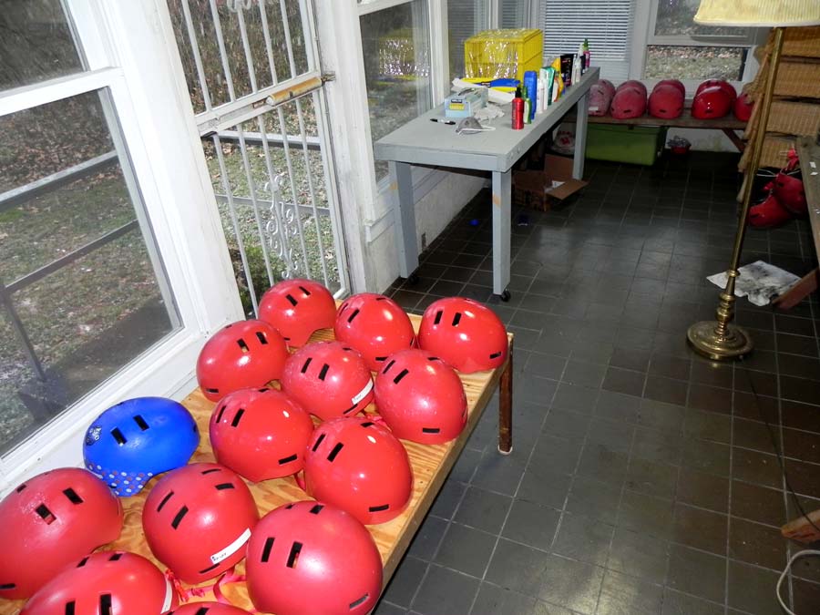 Helmets with substances smeared on them.